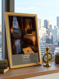 A Taste of Sin book cover print framed by window – literary home decor