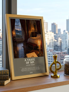 A Taste of Sin Bookish Wall Art by Connie Mason – framed print on a city-view windowsill