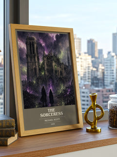 The sorceress book cover print framed by window – literary home decor