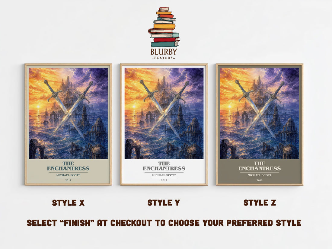 The Enchantress book cover print in frame leaning in hallway – young adult wall art (mockup)