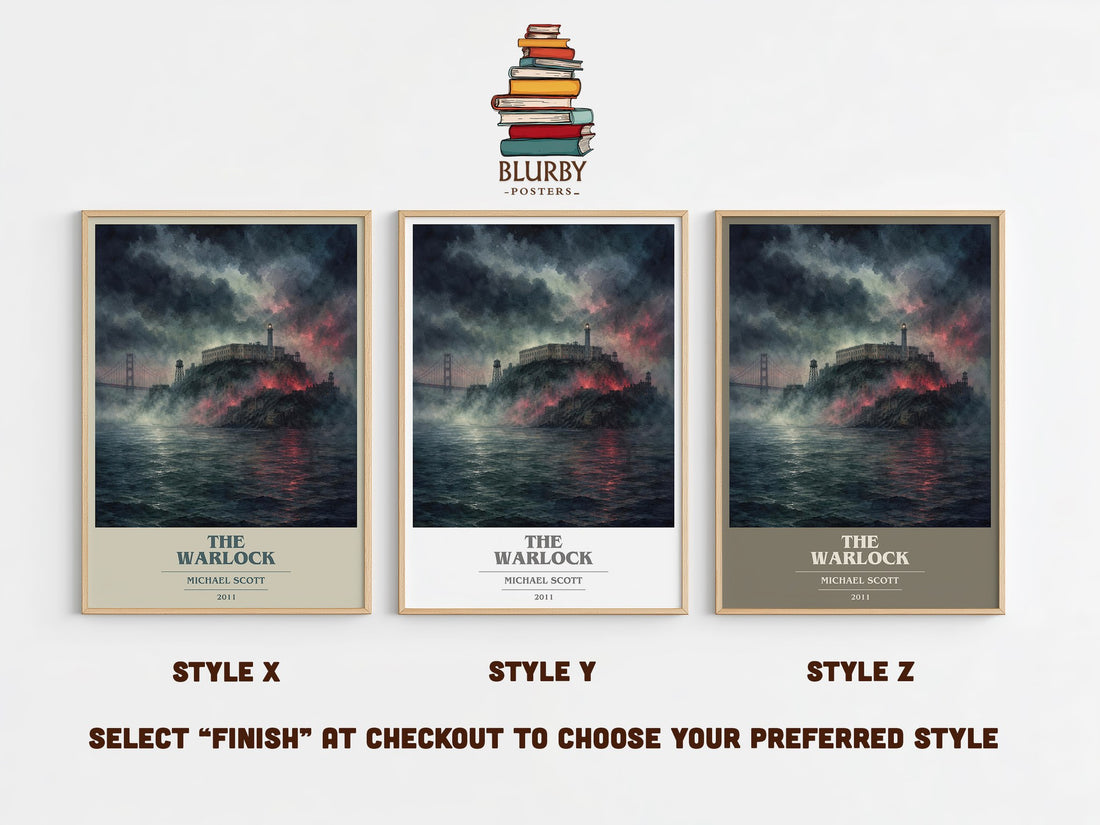 The Warlock book cover print in frame leaning in hallway – young adult wall art (mockup)