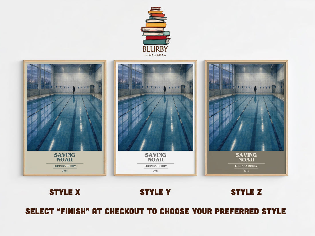 Saving Noah book cover print in frame leaning in hallway – thriller wall art (mockup)