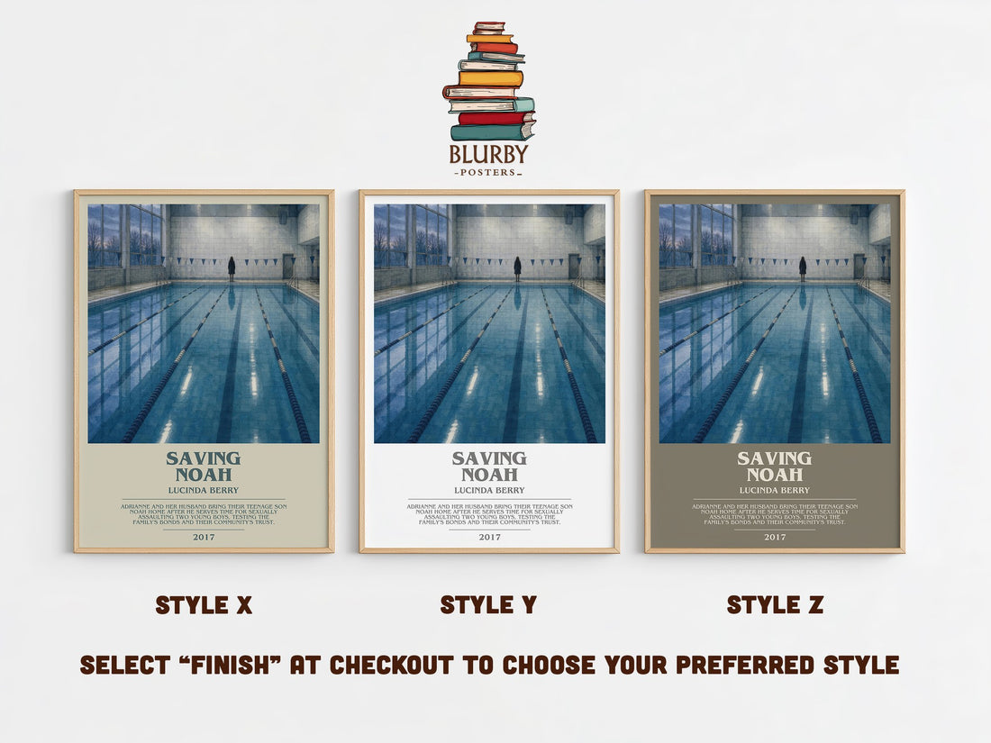 Saving Noah bookish print in frame leaning in hallway – thriller wall art (mockup)