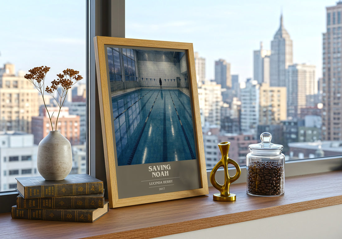 Saving Noah book cover print framed by window – literary home decor