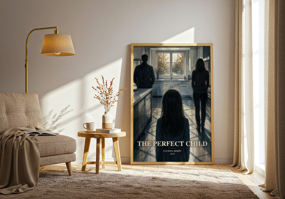 The Perfect Child watercolour print in frame leaning in hallway – thriller wall art