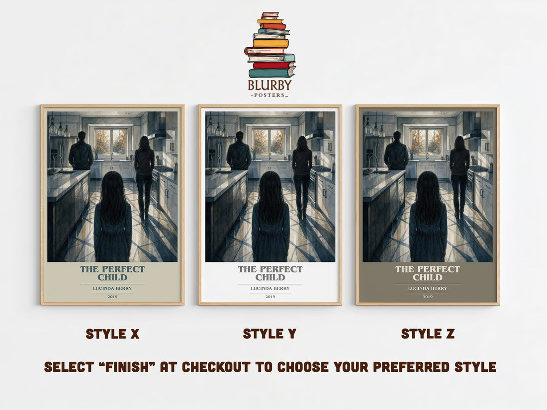 The Perfect Child book cover print in frame leaning in hallway – thriller wall art (mockup)