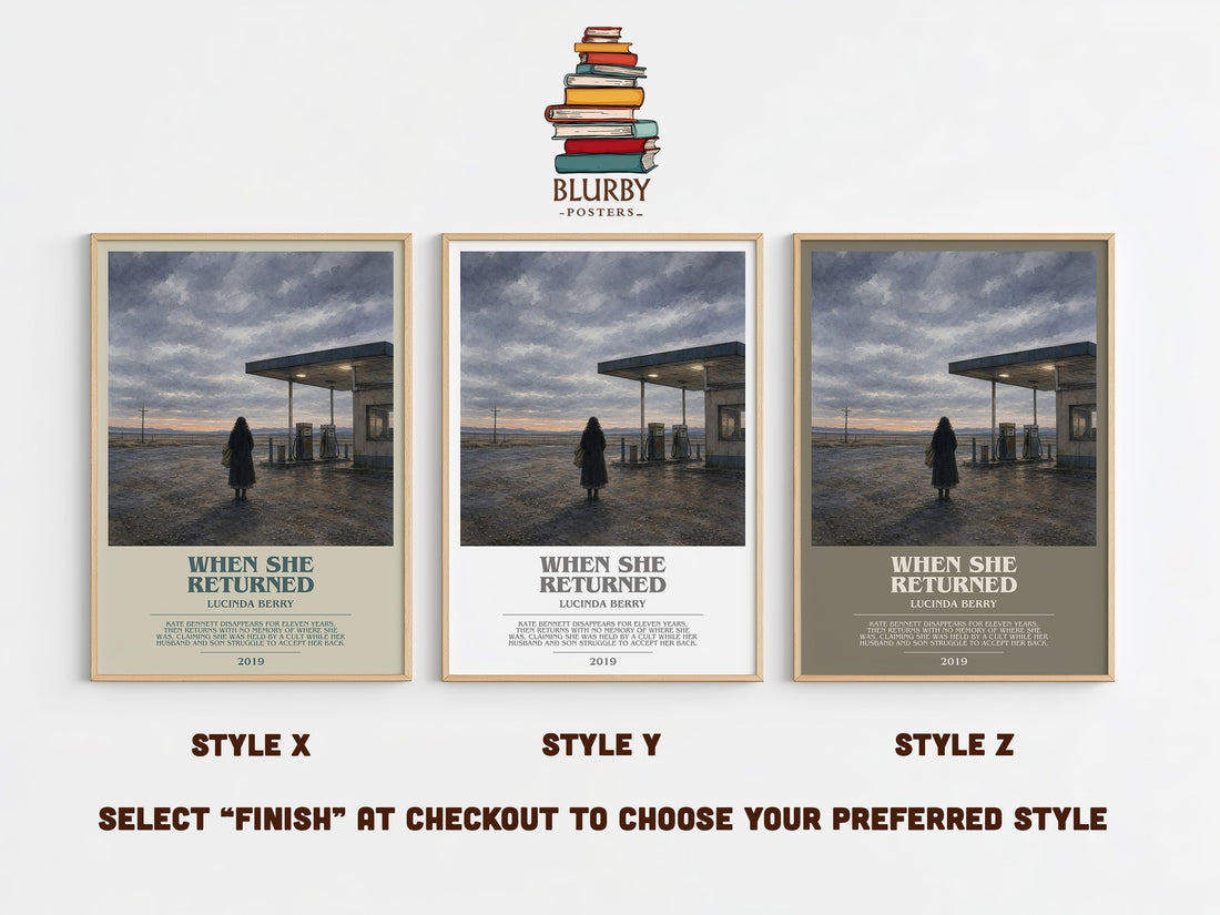 When She Returned bookish print in frame leaning in hallway – thriller wall art (mockup)