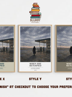 When She Returned book cover print in frame leaning in hallway – thriller wall art