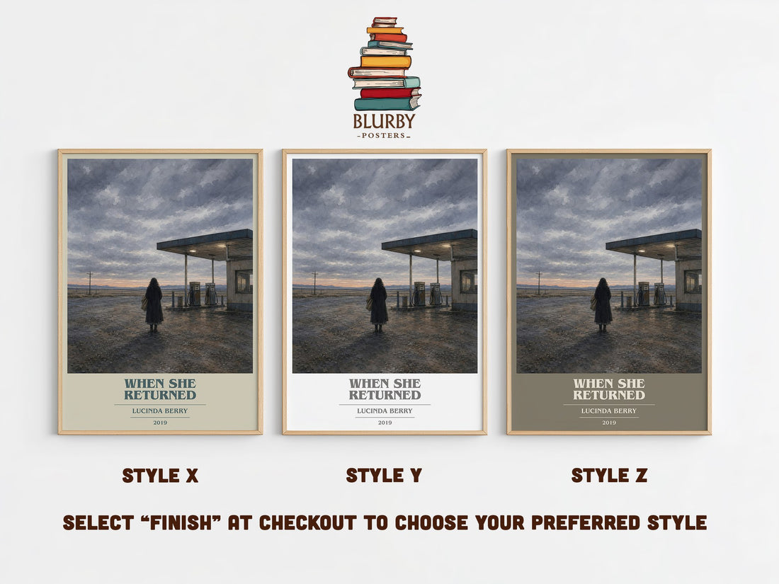 When She Returned book cover print in frame leaning in hallway – thriller wall art (mockup)
