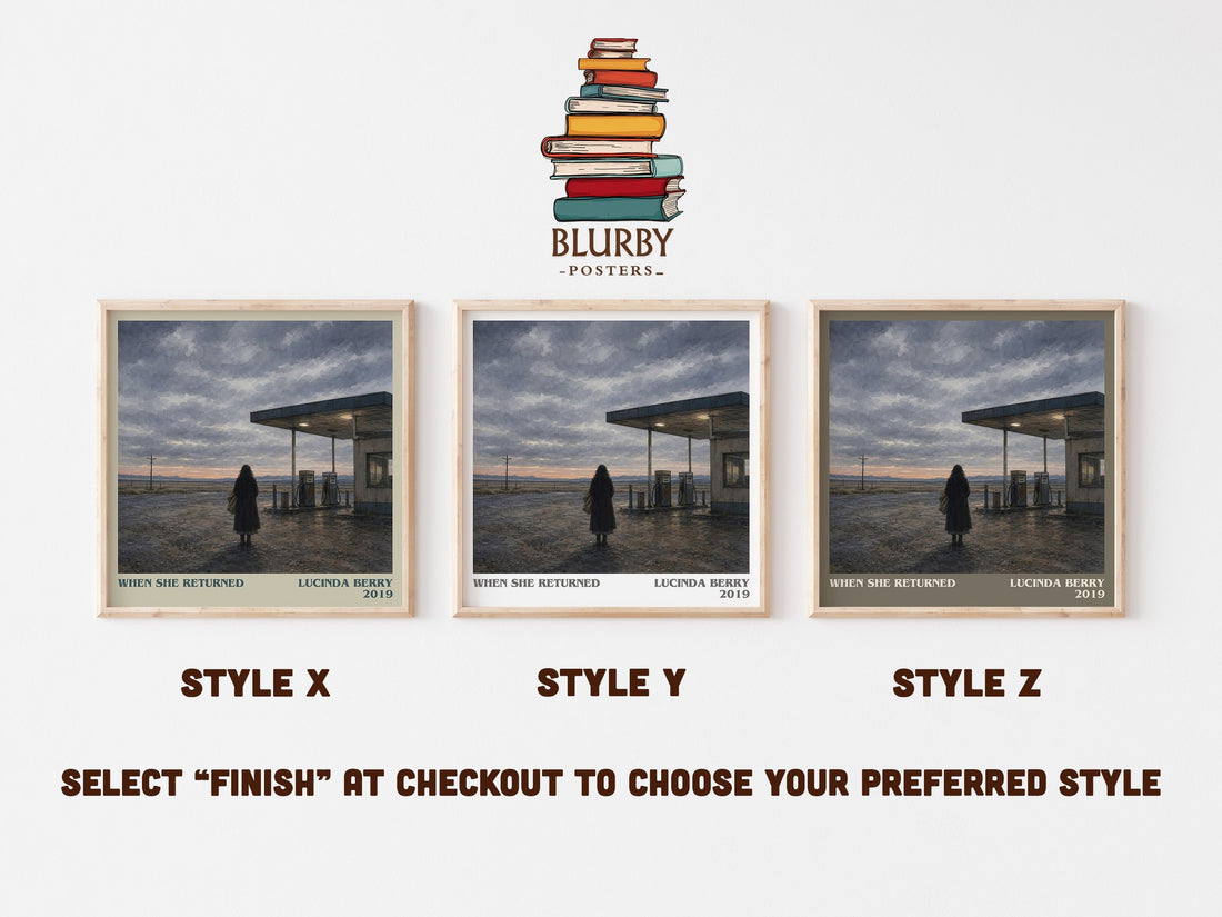 When She Returned literary print in frame leaning in hallway – thriller wall art (mockup)