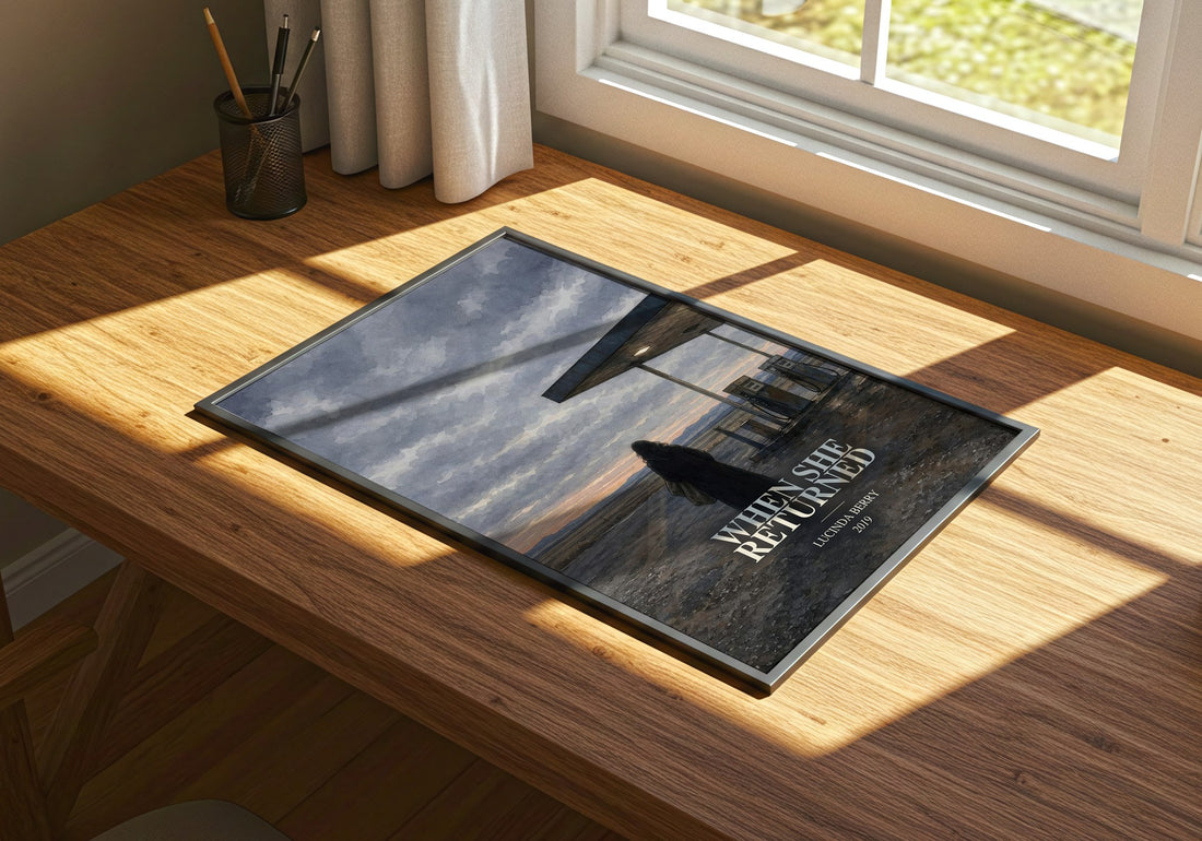 When She Returned watercolour book poster framed on wall – thriller wall art