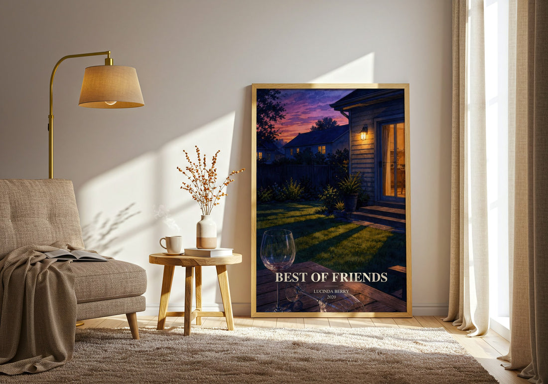 Best of Friends watercolour print in frame leaning in hallway – thriller wall art