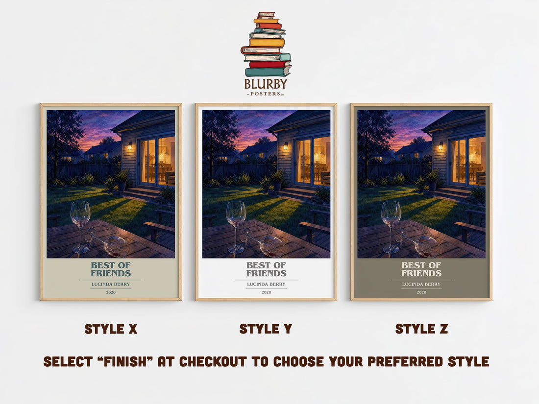 Best of Friends book cover print in frame leaning in hallway – thriller wall art (mockup)