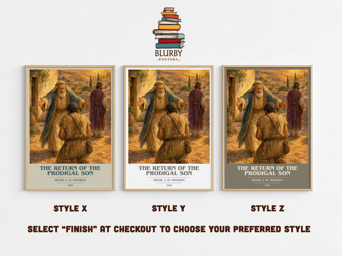 The Return of the Prodigal Son book cover print in frame leaning in hallway – memoir wall art (mockup)