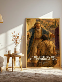 The Return of the Prodigal Son watercolour print in frame leaning in hallway – memoir wall art