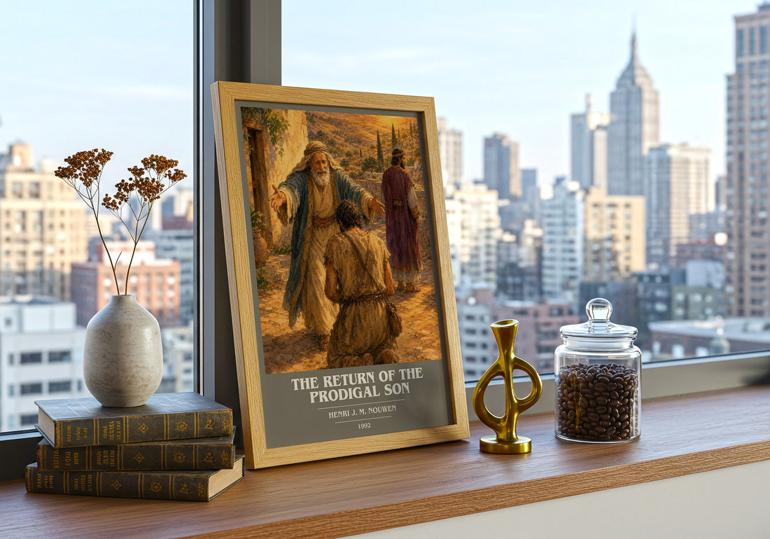 The Return of the Prodigal Son book cover print framed by window – literary home decor