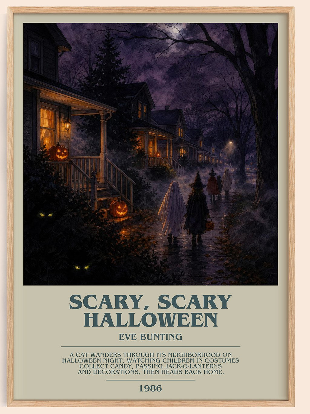 Scary, Scary Halloween bookish book poster by Eve Bunting – framed literary art print