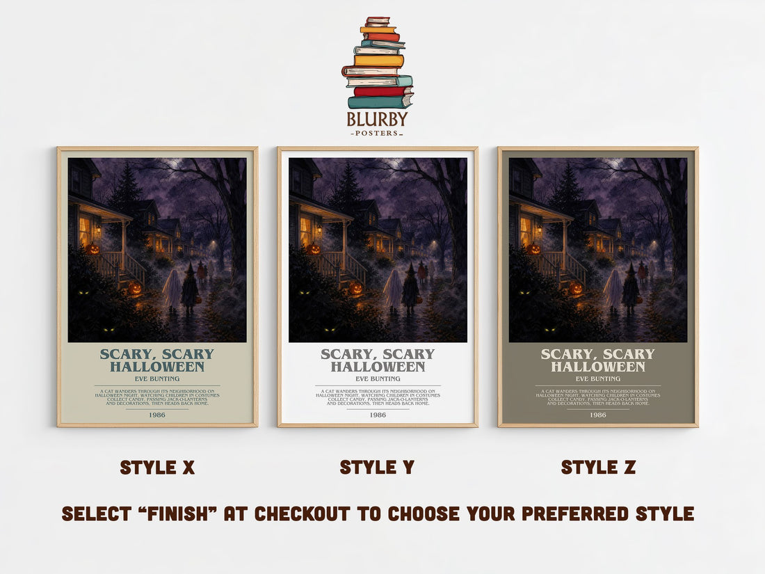 Scary, Scary Halloween bookish print in frame leaning in hallway – childrens wall art (mockup)