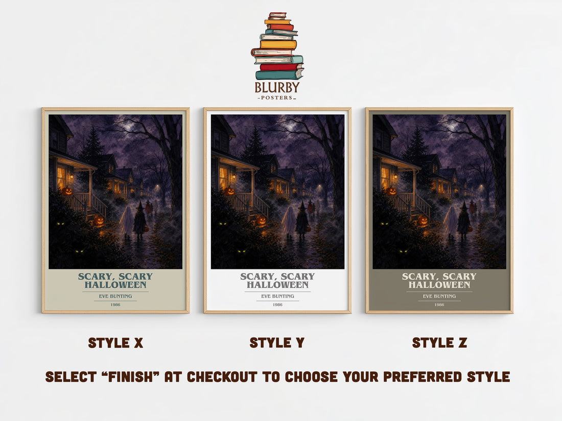 Scary, Scary Halloween book cover print in frame leaning in hallway – childrens wall art (mockup)