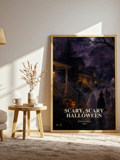 Scary, Scary Halloween watercolour print in frame leaning in hallway – childrens wall art