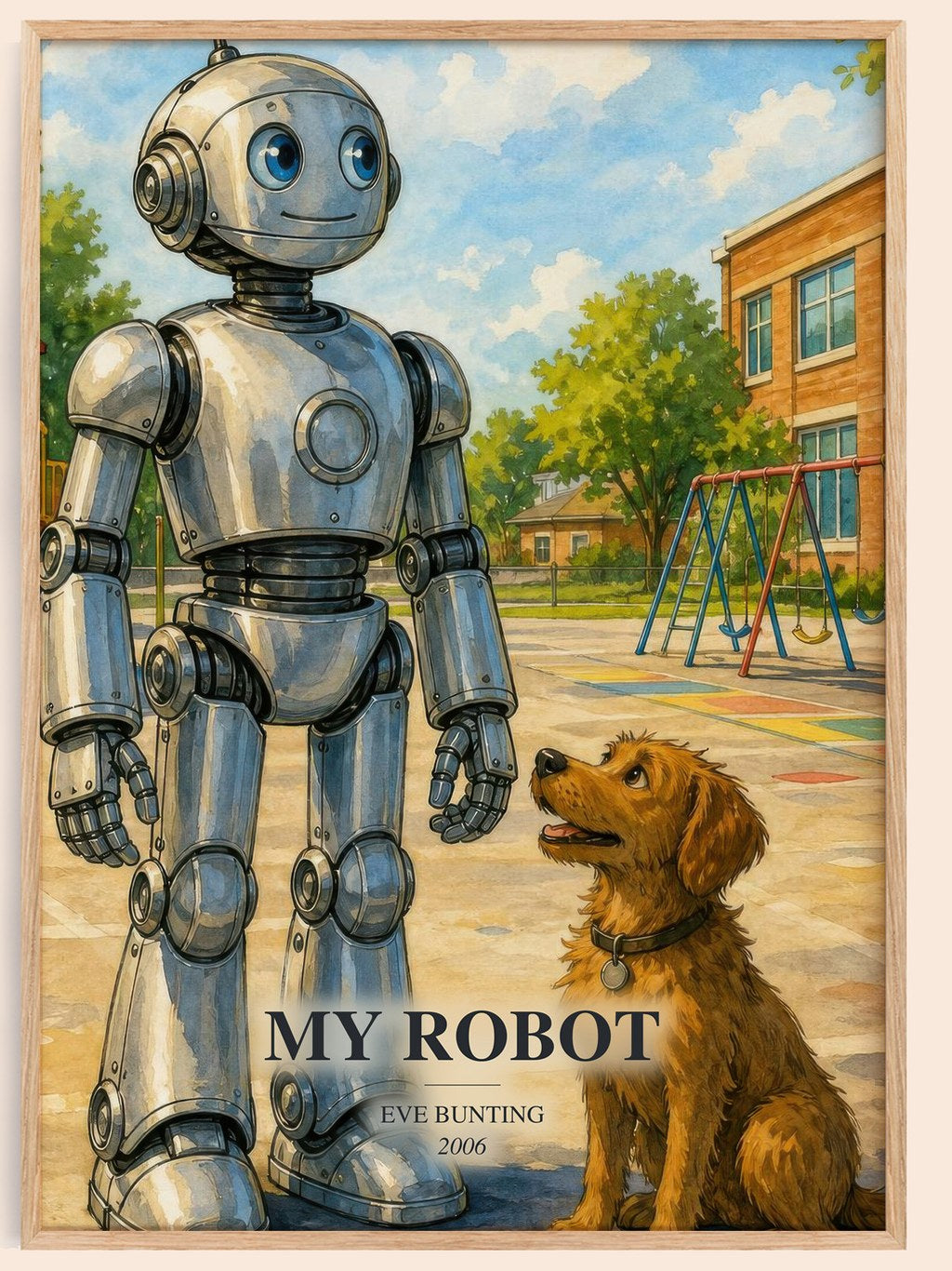 My Robot watercolour book poster by Eve Bunting – framed literary art print