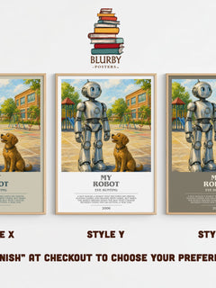 My Robot bookish print in frame leaning in hallway – childrens wall art