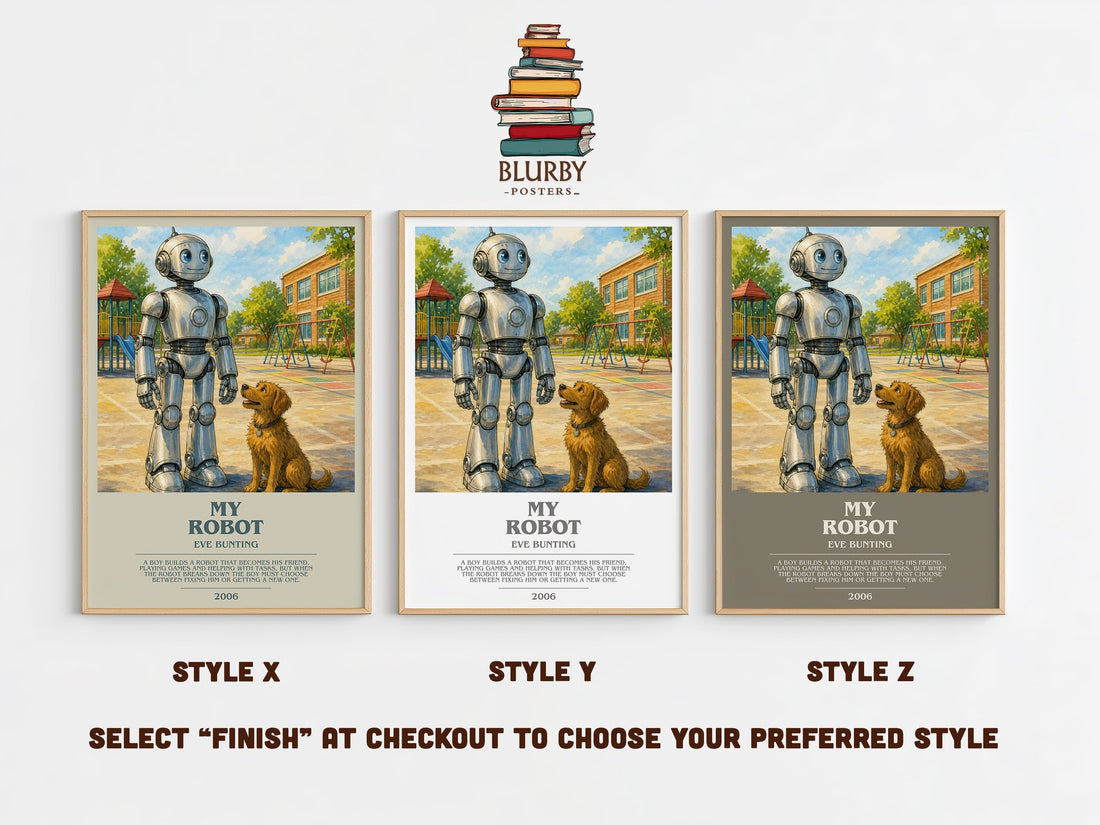 My Robot bookish print in frame leaning in hallway – childrens wall art (mockup)