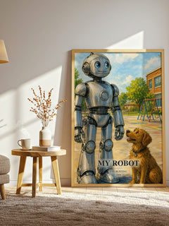 My Robot watercolour print in frame leaning in hallway – childrens wall art