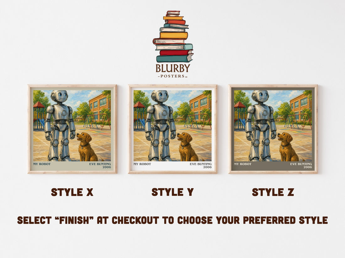 My Robot literary print in frame leaning in hallway – childrens wall art (mockup)