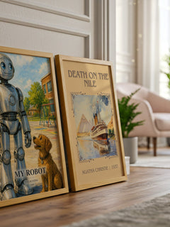 My Robot watercolour print framed by window – literary home decor