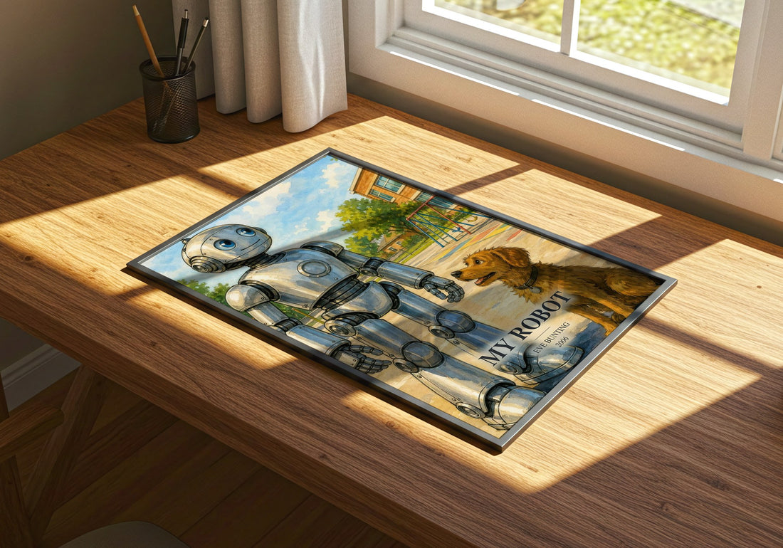 My Robot watercolour book poster framed on wall – childrens wall art