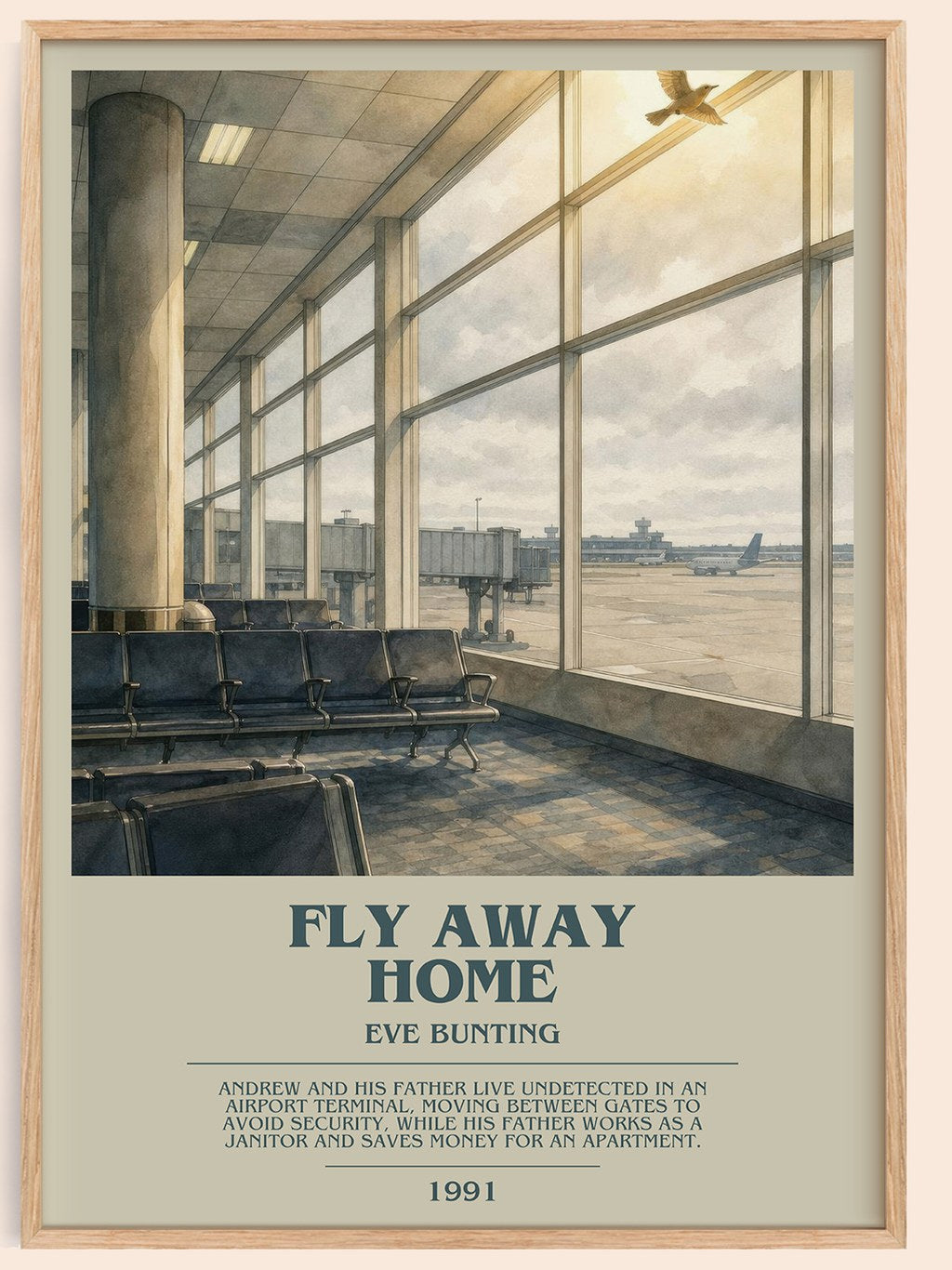 Fly Away Home bookish book poster by Eve Bunting – framed literary art print