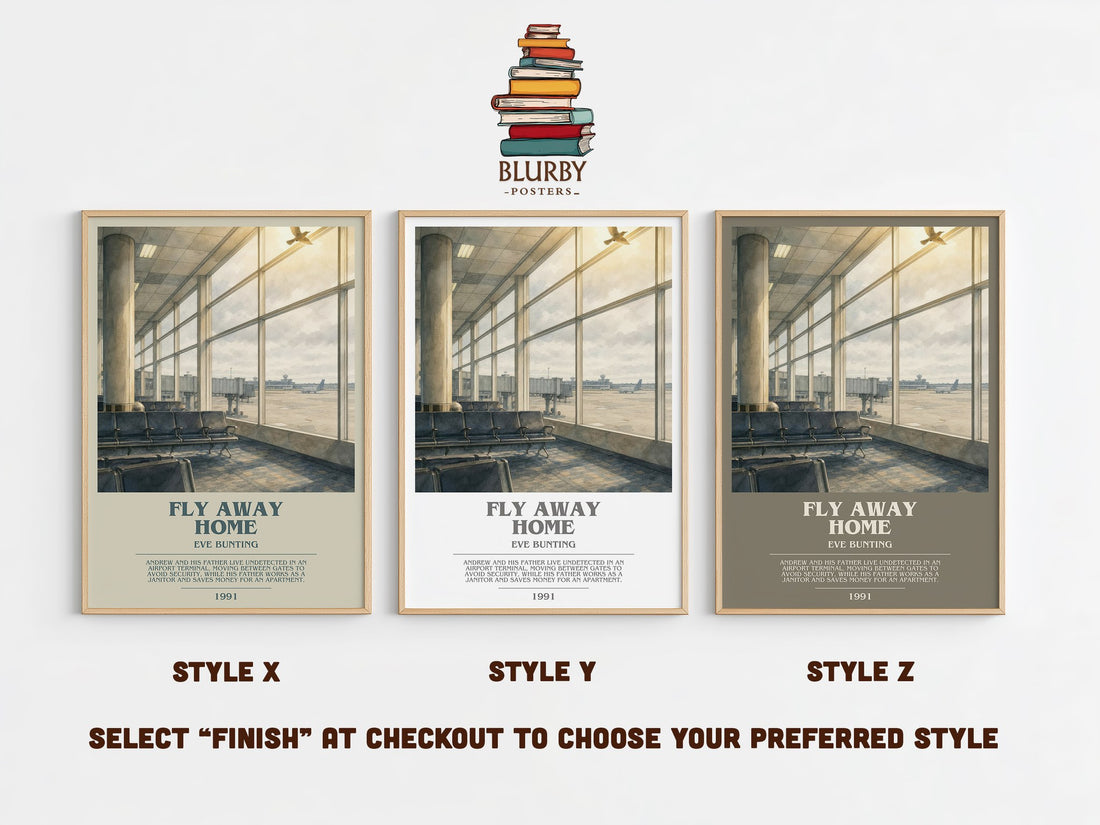 Fly Away Home bookish print in frame leaning in hallway – childrens wall art (mockup)