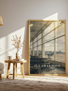 Fly Away Home watercolour print in frame leaning in hallway – childrens wall art