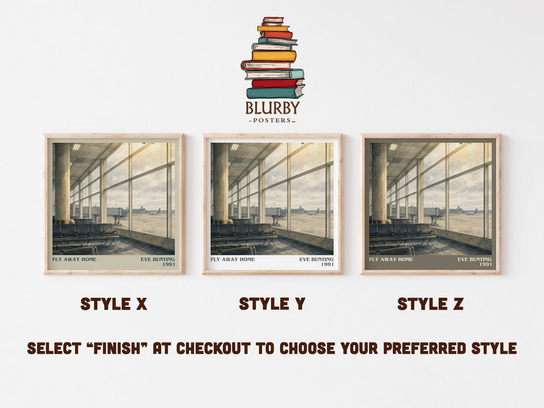 Fly Away Home literary print in frame leaning in hallway – childrens wall art (mockup)