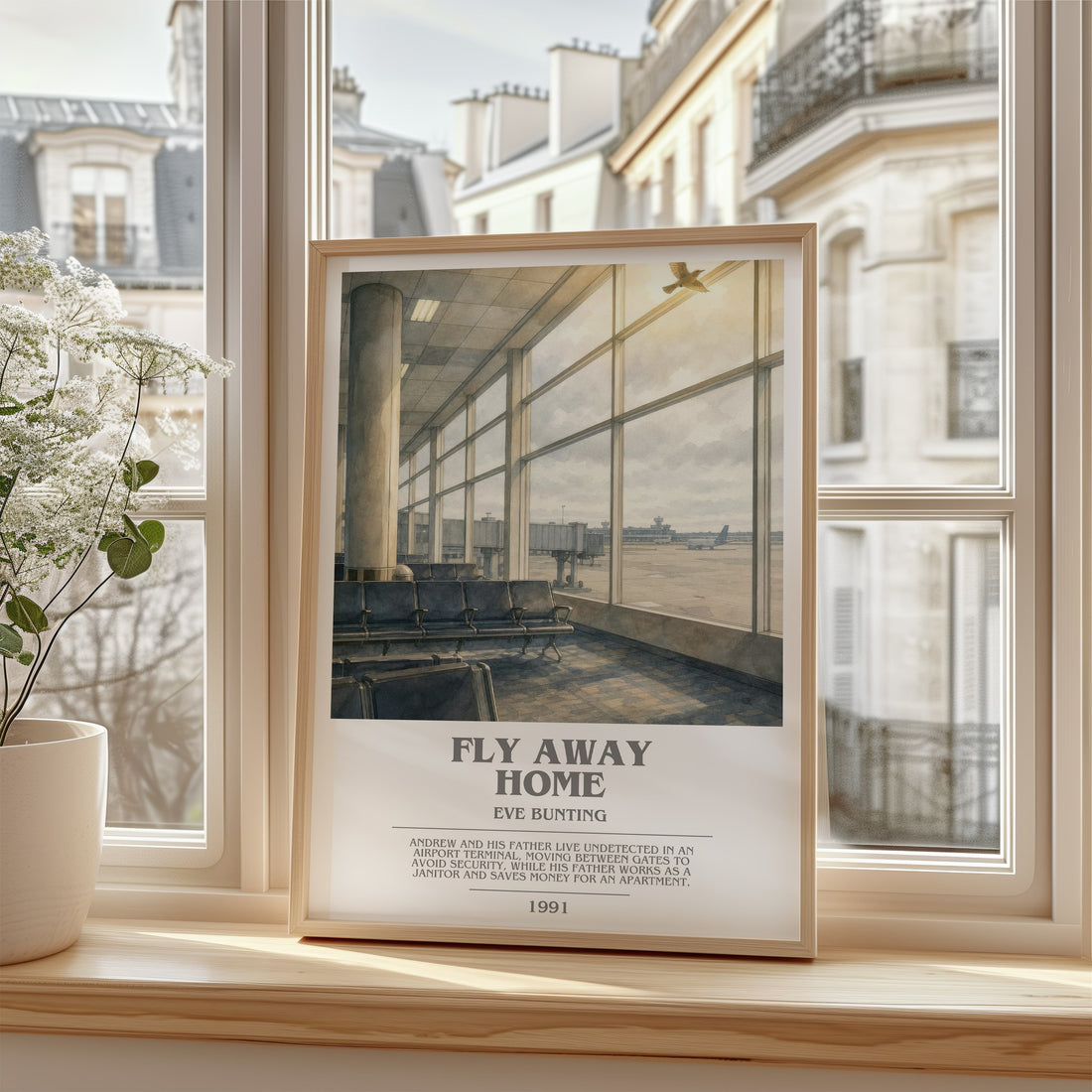 Fly Away Home bookish poster colour and style options – Eve Bunting book art