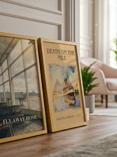 Fly Away Home watercolour print framed by window – literary home decor