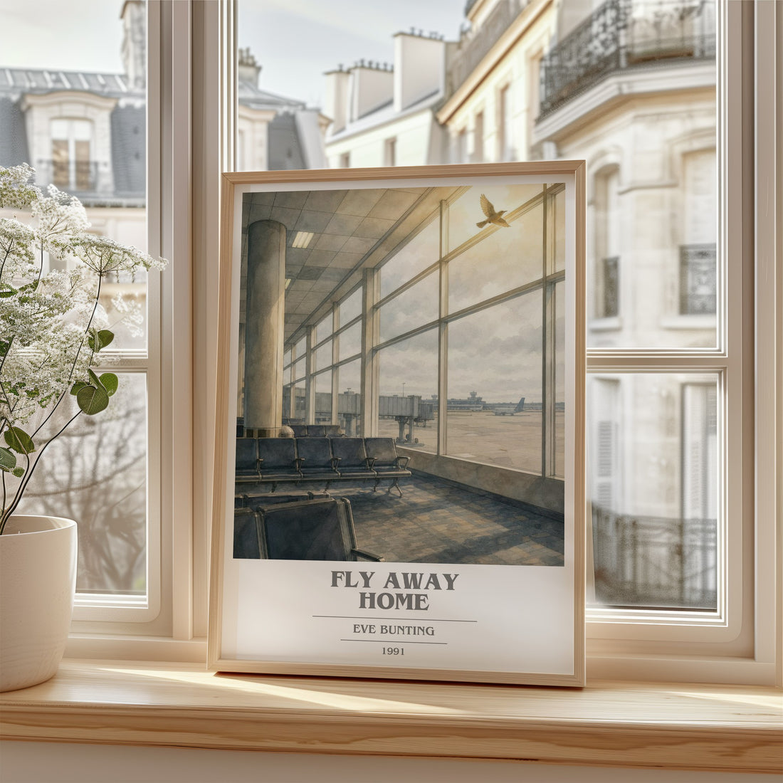 Fly Away Home book cover poster colour and style options – Eve Bunting book art