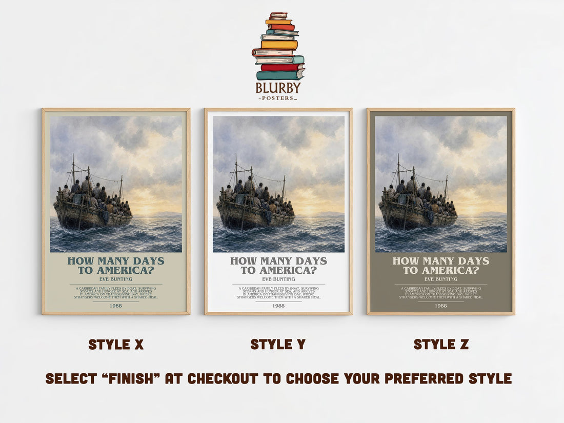 How Many Days to America? bookish print in frame leaning in hallway – childrens wall art (mockup)