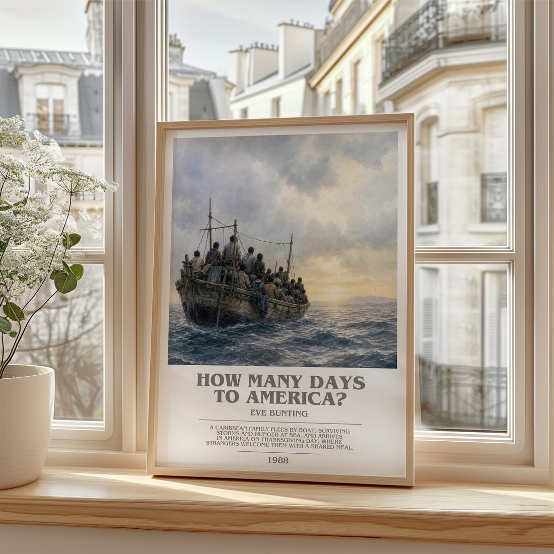 How Many Days to America? bookish poster colour and style options – Eve Bunting book art