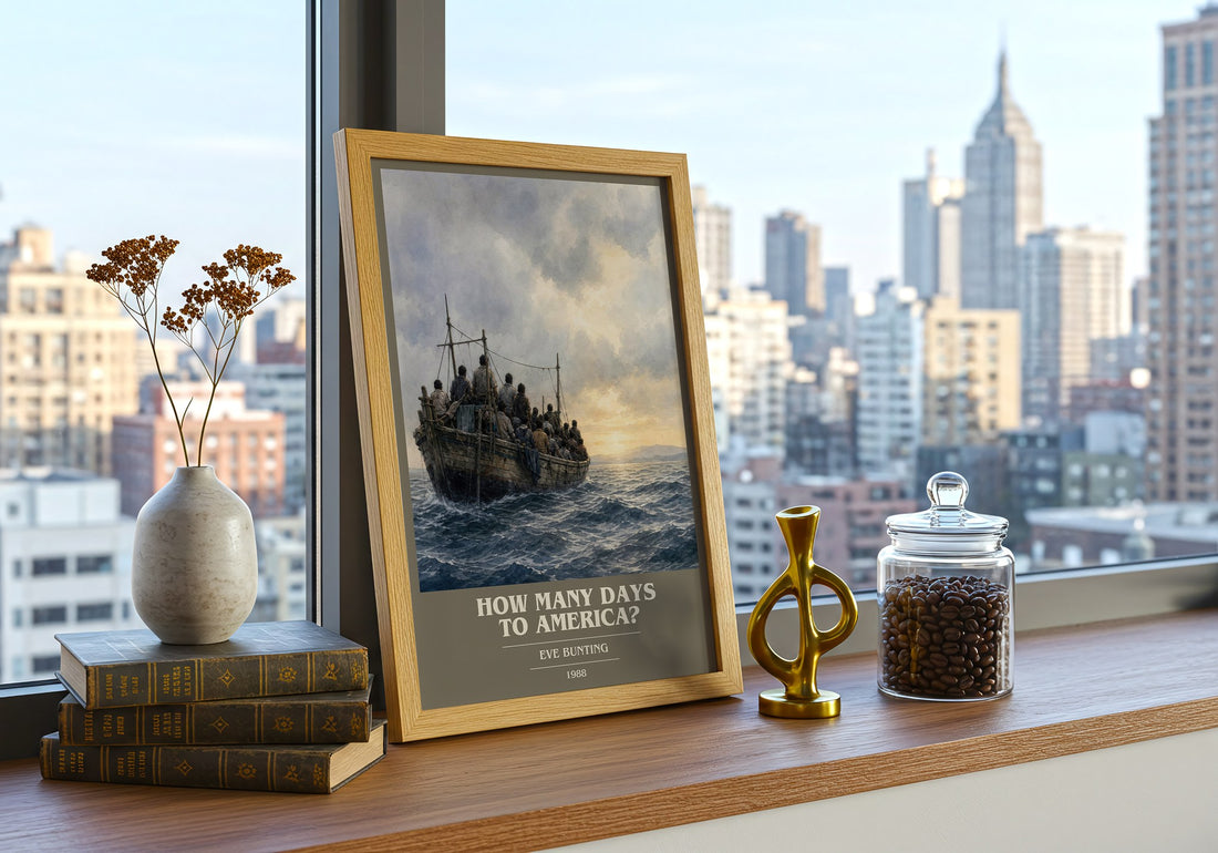 How Many Days to America? book cover print framed by window – literary home decor