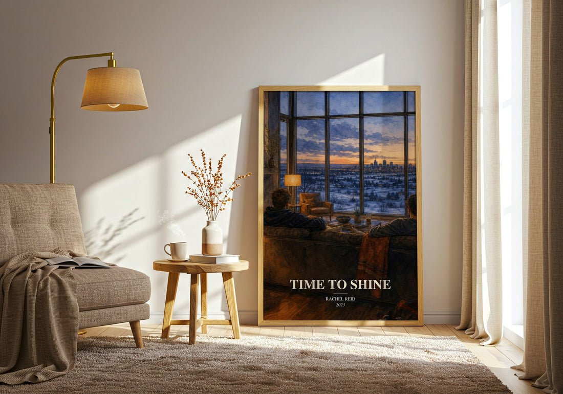 Time to Shine watercolour print in frame leaning in hallway – romance wall art