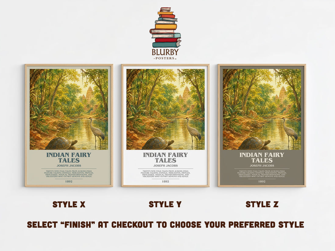 Indian Fairy Tales bookish print in frame leaning in hallway – childrens wall art (mockup)