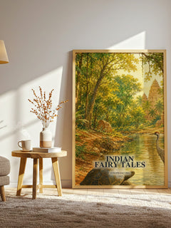 Indian Fairy Tales watercolour print in frame leaning in hallway – childrens wall art