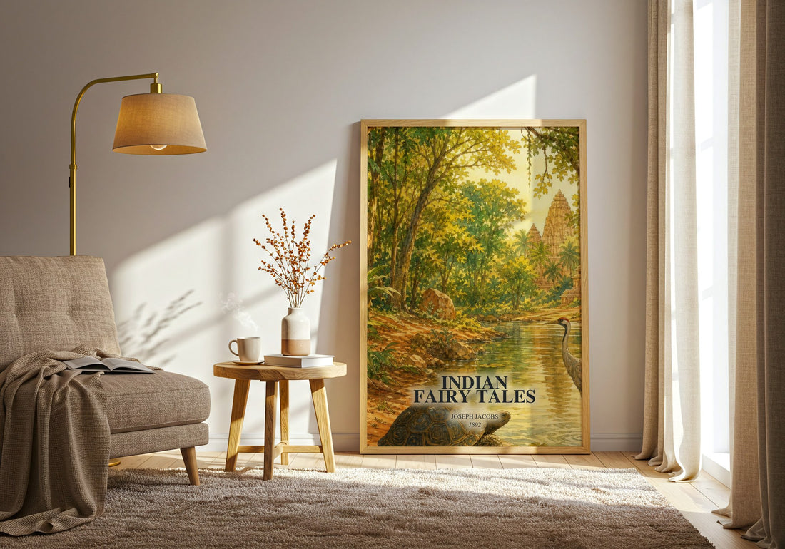 Indian Fairy Tales watercolour print in frame leaning in hallway – childrens wall art