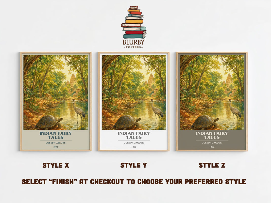 Indian Fairy Tales book cover print in frame leaning in hallway – childrens wall art (mockup)