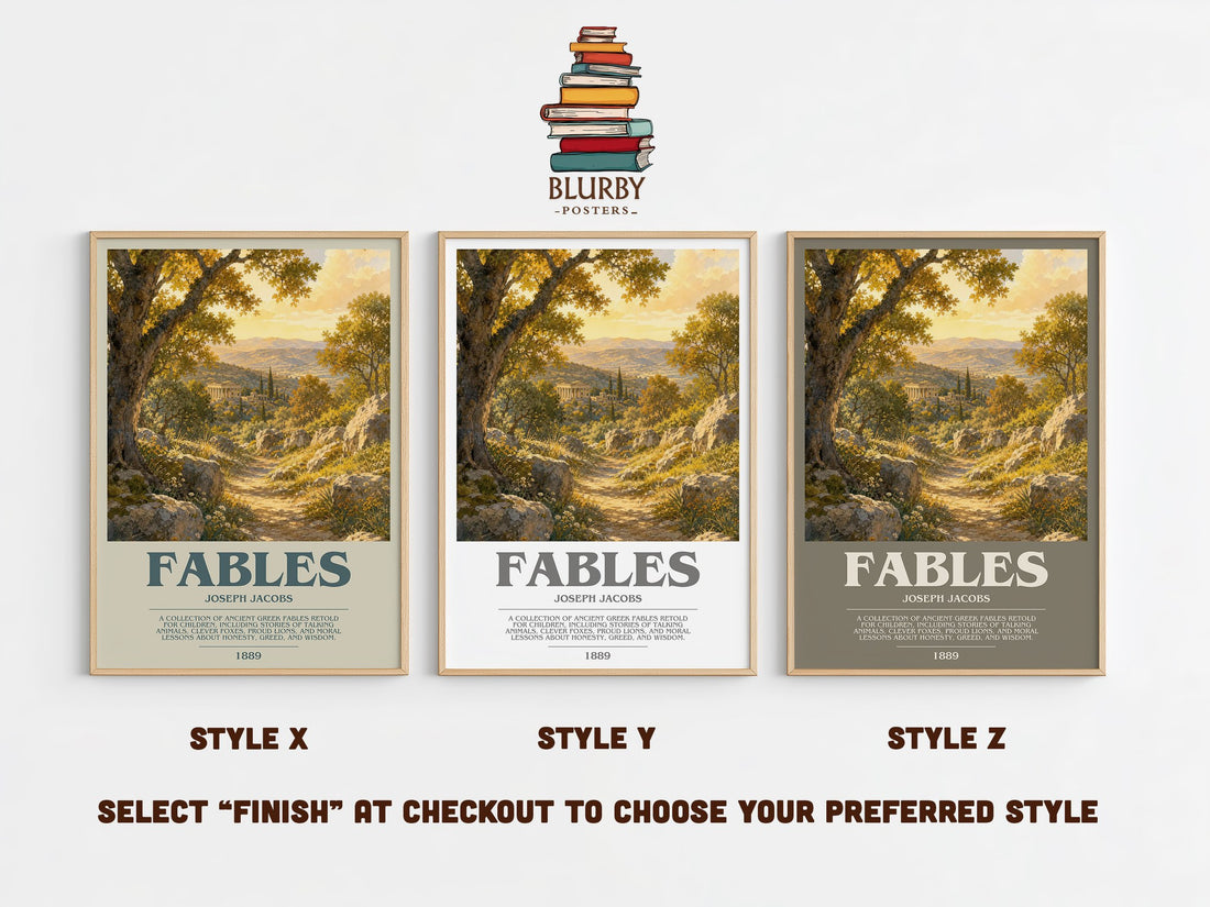 Fables bookish print in frame leaning in hallway – childrens wall art (mockup)