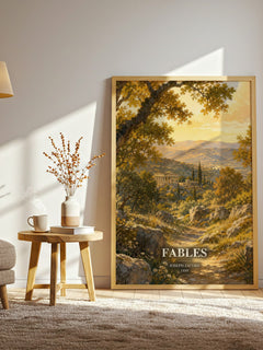 Fables watercolour print in frame leaning in hallway – childrens wall art