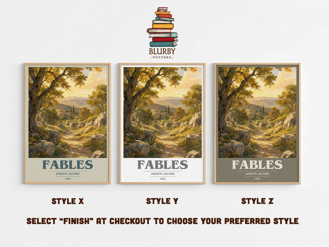 Fables book cover print in frame leaning in hallway – childrens wall art (mockup)