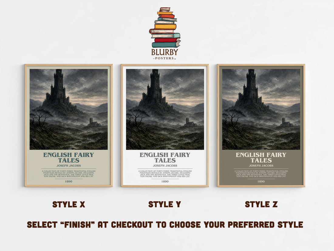 English Fairy Tales bookish print in frame leaning in hallway – childrens wall art (mockup)